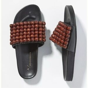 Anthropologie • NWOT Black & Brown Beaded Leather Slide Sandals Size 36 / 6